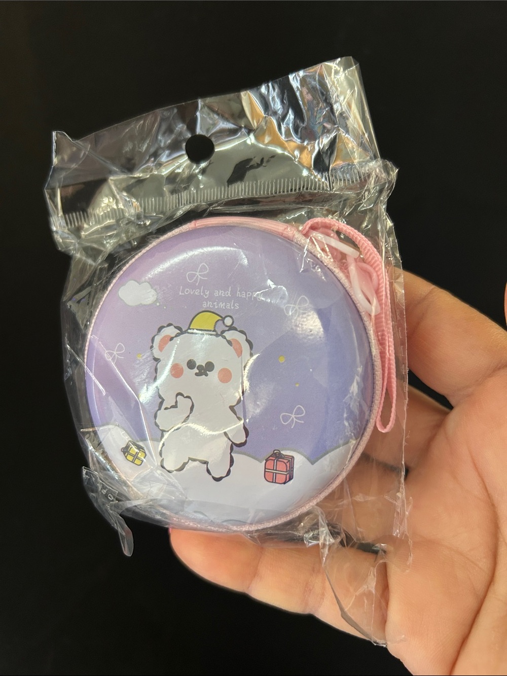 Cute Bear Round Earplug case / Coin Purse in Lavender and Pink